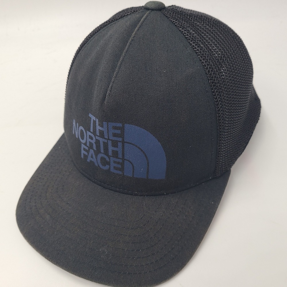 The North Face Hat Snapback (Fits Small) Trucker Mesh Black Blue Logo Distressed